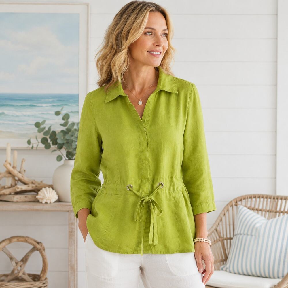 Saint Topez West Linen Button-Up Top Women's Size L Green Tie Waist Coastal